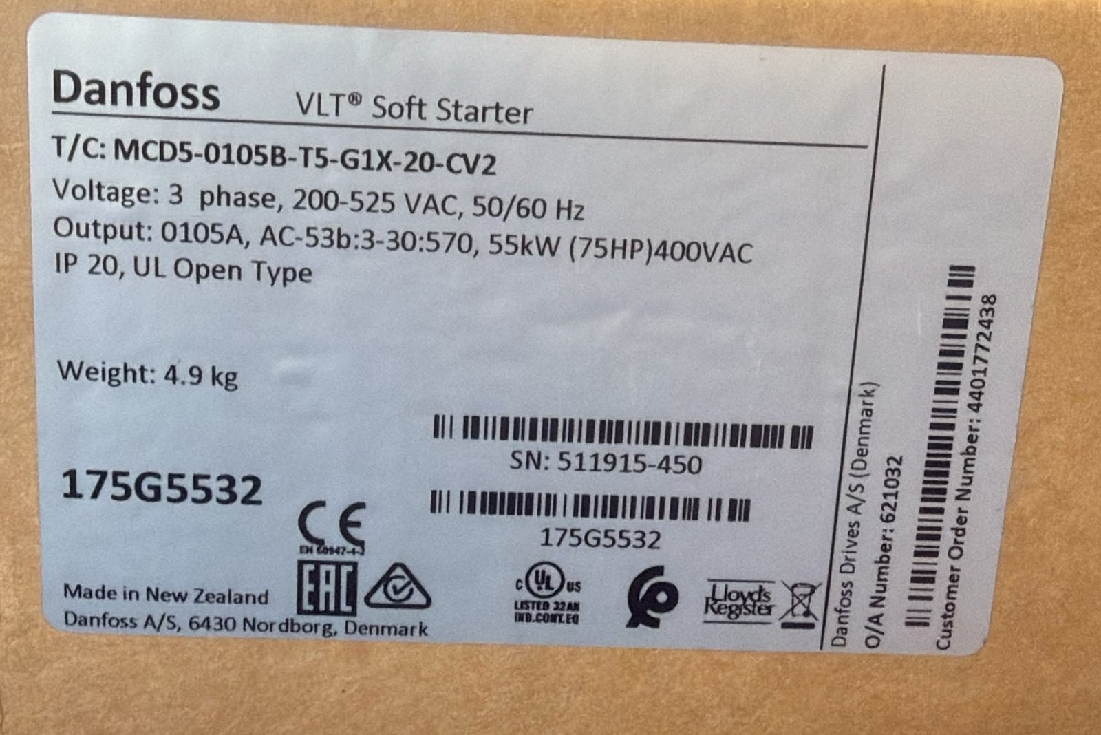 Danfoss VLT Soft Starter MCD 500 55 kW – 175G5532 (MCD5-0105B)