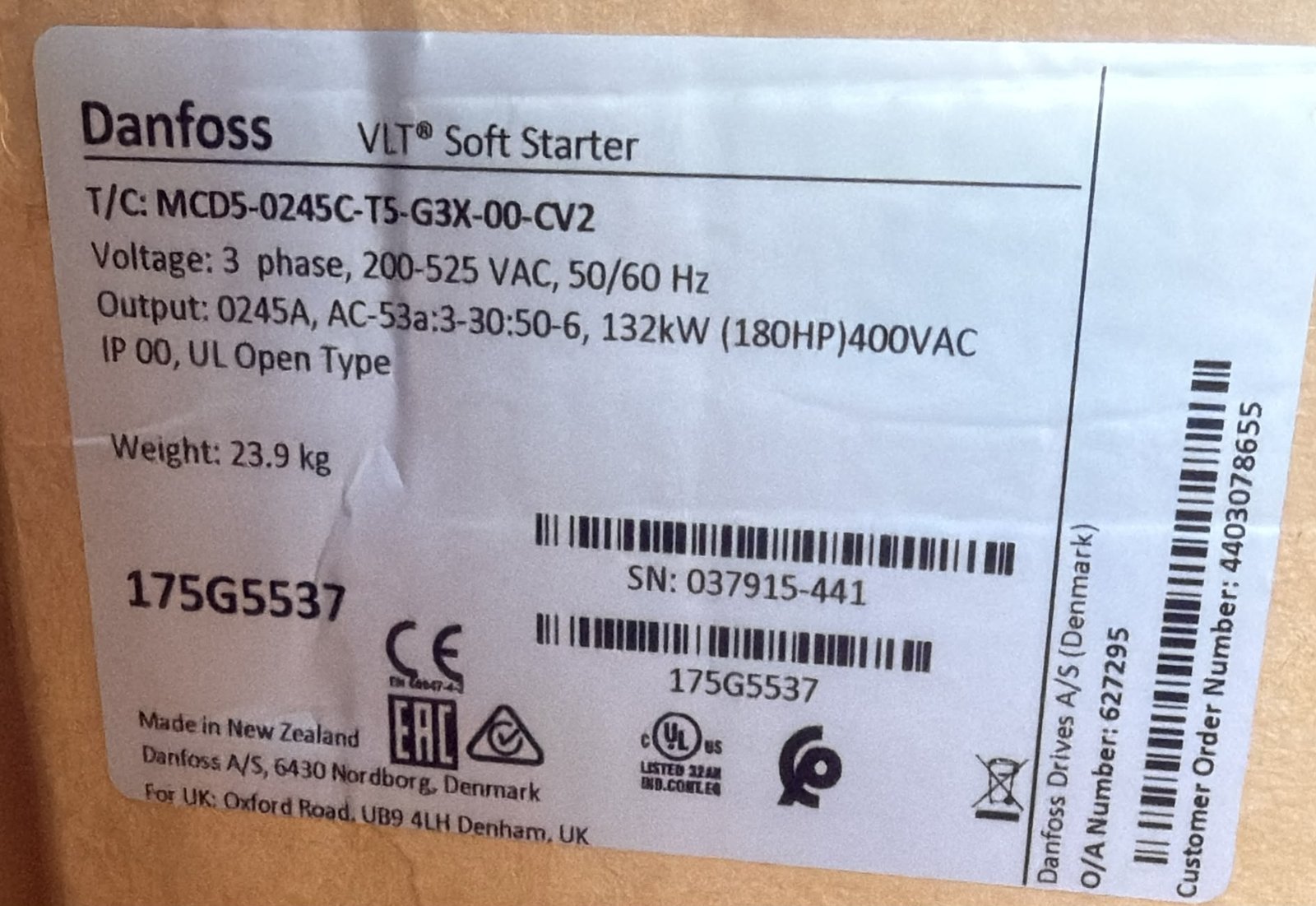Danfoss VLT Soft Starter MCD 500 132 kW – 175G5537 (MCD5-0245C)