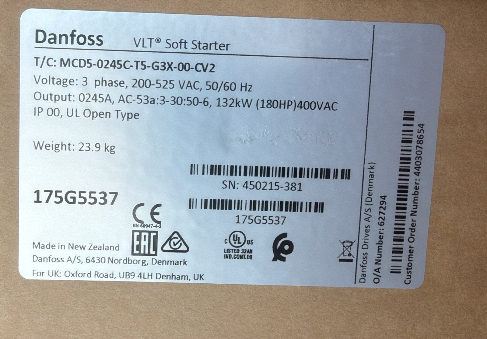 Danfoss VLT Soft Starter MCD 500 132 kW – 175G5537 (MCD5-0245C)