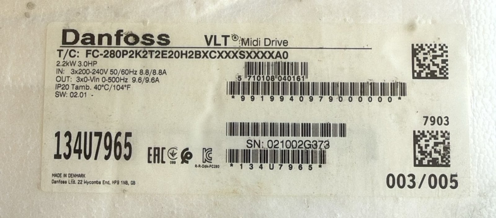 Danfoss VLT Midi Drive FC 280 2.2 kW 3 × 200–240 V – 134U7965