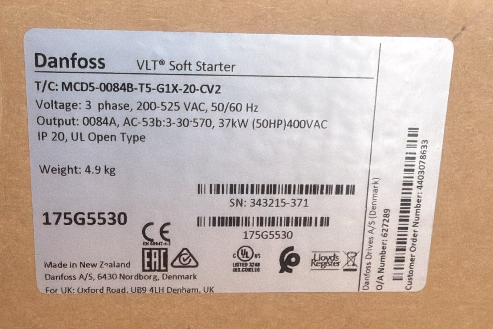 Danfoss VLT Soft Starter MCD 500 37 kW – 175G5530 (MCD5-0084B)