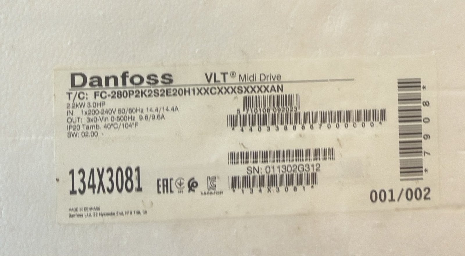 Danfoss VLT Midi Drive FC 280 2.2 kW 1-phase – 134X3081